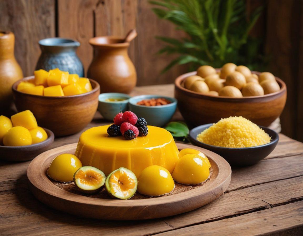 A colorful layout showcasing various Brazilian culinary treats like flan, brigadeiros, and pão de queijo, artfully arranged on a rustic wooden table. Incorporate vibrant tropical fruits like mango and passion fruit as accents, with soft, natural light filtering through. In the background, hint at a traditional Brazilian kitchen with subtle decorations reflecting its rich culture. The overall atmosphere should evoke warmth, nostalgia, and a sense of culinary adventure. super-realistic. vibrant colors. soft focus.