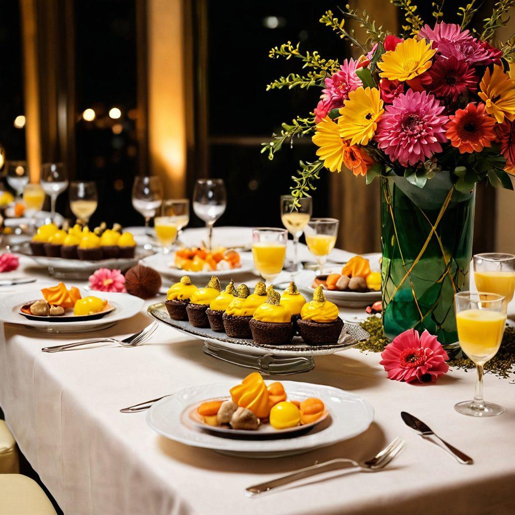 A beautifully set table adorned with Brazilian-inspired desserts, such as brigadeiros and passion fruit mousse, bathed in warm, romantic lighting. Include delicate flowers and heart-shaped decorations to enhance the romantic atmosphere. Soft colors and inviting textures should evoke a sense of indulgence and love, showcasing the mouthwatering dishes in an elegant manner. super-realistic. vibrant colors. warm lighting.