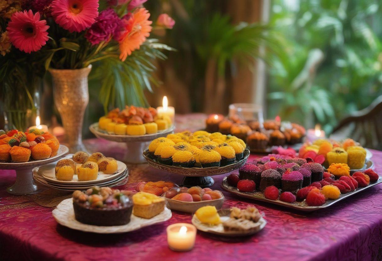 A beautifully arranged table featuring an array of vibrant Brazilian desserts like brigadeiros, beijinhos, and quindim, surrounded by romantic soft candlelight. Lush tropical foliage and colorful flowers accent the scene, evoking a sense of warmth and indulgence. Include a couple sharing a joyful moment, savoring the sweets, with a dreamy sunset in the background. super-realistic. vibrant colors. warm tones.